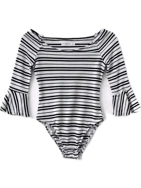 Abercrombie Fitch Striped Bodysuit Bell Sleeve Scoop Neck Gray Size S